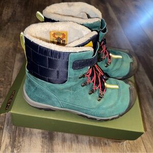 Keen Kids Teal and Navy Winter Boots with Red Laces